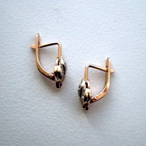 Vintage Soviet USSR Solid 14K 583 Rose Pink White Gold Diamond Pierced Earrings - Picture 2 of 7